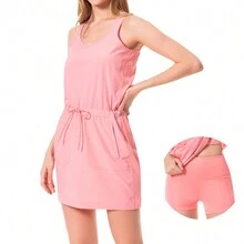 Lightbare Váy chống nắng thể thao dành cho nữ với quần short tách biệt màu hồng đào, thấm ẩm, nhanh khô, đầm thể thao không tay ôm eo ngoài trời - Màu Hồng baby - Xem 1