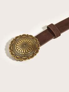 1pc Ladies' Western Style Coffee Colored Carved Belt With Buckle & Velvet & Pu Decorations For Daily Use - Coffee - View 3