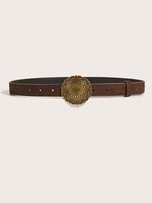 1pc Ladies' Western Style Coffee Colored Carved Belt With Buckle & Velvet & Pu Decorations For Daily Use - Coffee - View 4