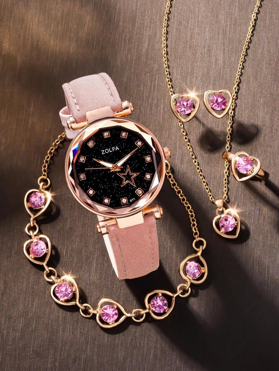 6入組女孩皮革星形石英手錶和精緻鑽石手鍊項鍊耳環戒指珠寶套裝女孩禮物 - 粉色 - 查看 1