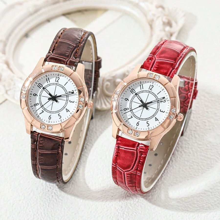 2入組女士圓形石英手錶鑲嵌鉆石,玫瑰金時尚休閒高級皮革女式手錶時鐘禮物