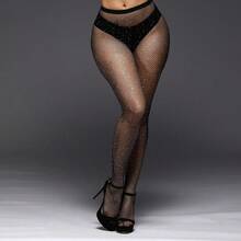 歐美風薄款性感鑲鑽漁網襪女鏤空白色水鑽絲襪 - 黑色 - 查看 2