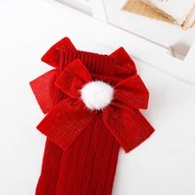 1套寶寶女孩中筒蝴蝶結襪子&髮飾套裝,舒適、透氣,紅色和綠色,聖誕主題