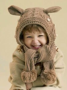 Girls Ear & Pom Pom Decor Hat With Scarf - Coffee Brown - View 3