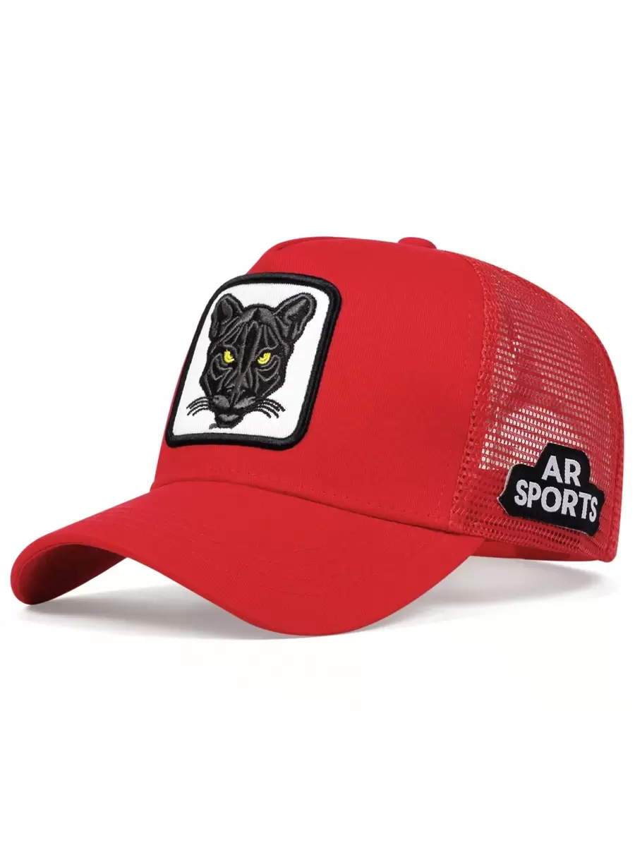 1pc Men's Cat Embroidery Baseball Cap Trucker Hat, Adjustable Sun Protection Outdoor Leisure Hat, Suitable For Spring And Summer Travel, Beach Parties Street - Red - View 1