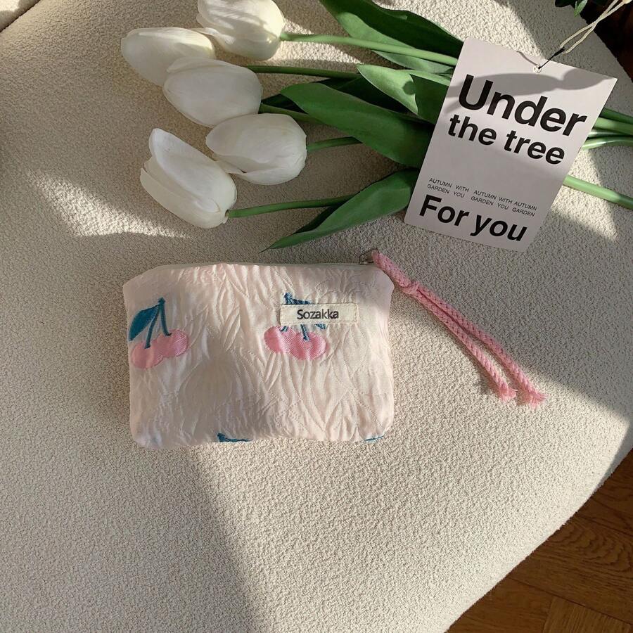 韓國風格可愛印花拉繩化妝包，1入組便攜式拉鍊化妝包，適用於旅行，存放口紅、眼影、化妝掃等小物品，化妝包化妝袋護膚品袋化妝品袋洗漱包裝箱旅行必備郵輪必備宿舍必備婚禮伴娘禮物母親節禮物生日禮物朋友和老師的禮物家居裝飾浴室客廳臥室裝飾浴室收納盒珠寶收納盒唇部油收納盒指甲油收納盒收納化妝品收納盒化妝箱 - 淺粉色 - 查看 1