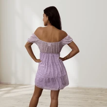 Vestido corto de olanes y manga al hombro corto casual de moda - Lila Púrpura - Ver 5
