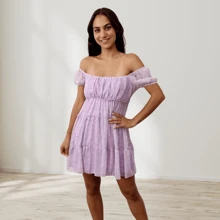 Vestido corto de olanes y manga al hombro corto casual de moda - Lila Púrpura - Ver 1