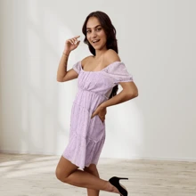 Vestido corto de olanes y manga al hombro corto casual de moda - Lila Púrpura - Ver 2