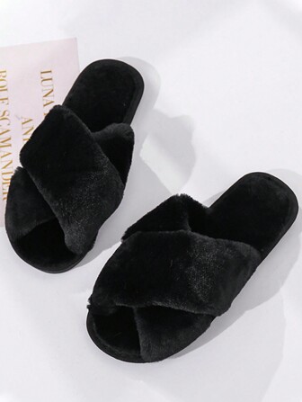 女式防滑舒適黑色時尚毛茸茸平底冬季家居拖鞋