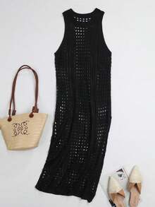 Black Split Thigh Knitted Cover Up Dress Vacation Summer