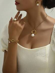 5 件套珍珠項鍊、耳環、手鍊、戒指首飾套裝,簡約、獨特設計,適合女士 - 彩色 - 查看 2