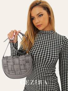 CEZIRA 時尚寬編織翻蓋套小馬鞍包PU皮革可調節長款帶斜挎包肩膀手提包適合女士 - 灰色 - 查看 2