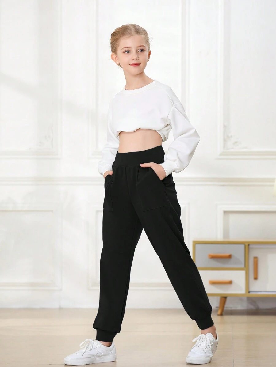 少女瑜珈褲帶口袋,帶貨物口袋的運動打底褲