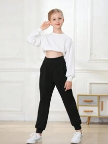 少女瑜珈褲帶口袋,帶貨物口袋的運動打底褲