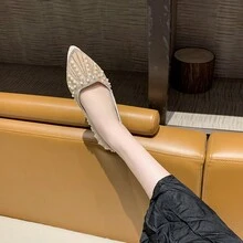 女士水钻和珍珠装饰 PU 平底鞋，优雅时尚户外闪亮公主鞋，方形鞋跟和低鞋面