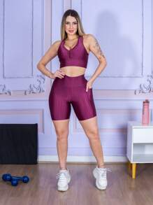 LLEVO Roupa de Academia Feminina Top Nadador + Shorts Bolso Poliamida 3D Luxo - Marsala - Visão 2