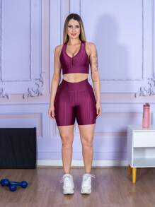 LLEVO Roupa de Academia Feminina Top Nadador + Shorts Bolso Poliamida 3D Luxo - Marsala - Visão 3