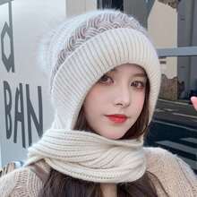 Winter Hats for Women Knit Beanie Hat Scarf Set,Girls Snow Caps Warm Soft Slouchy Skull Cap with Pom Pom(Beige) - Beige - View 2
