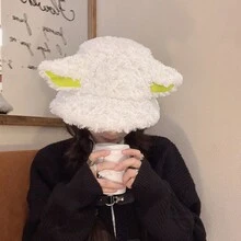 1頂女款可愛綠色耳朵毛絨羊毛帽，適用於秋冬季保暖和保護耳朵 - 卡其色 - 查看 4