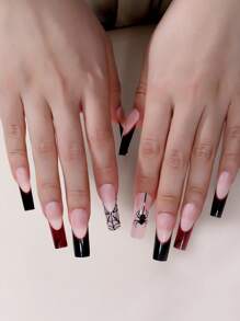 萬聖節 24入組黑色棺材形假指甲，帶蜘蛛和法式尖頭設計 - 彩色 - 查看 2