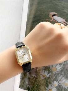 Pablo Raez 1 件女士 18K 镀金不锈钢方形表壳模拟石英手表，白色表盘和黑色皮革表带，50 米防水，优雅，适合日常生活、工作、派对、生日 - 送给女性的绝佳礼物 - 金色 - 查看 8