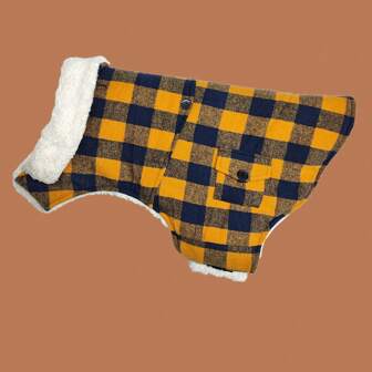 1pc Padded Pet Plaid Jacket With Adjustable Hook And Loop Design On Chest And Waist, Suitable For Various Cat And Dog Builds, Autumn/Winter