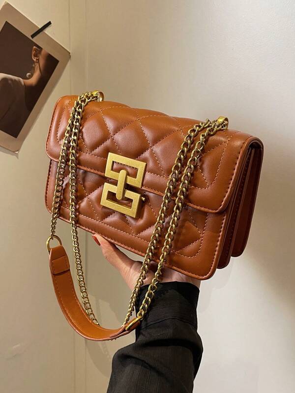 Fashionable New Arrival Solid Color Square Crossbody Bag With Chain Strap For Women Flap Crossbody Bag, Quilted Shoulder Handbag, Square Bag With Metal Lock, Chain Bag For Women