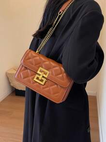 時尚新品到貨素色方形斜挎包帶鏈子帶適合女士翻蓋斜挎包,衍縫肩膀手提包,方包帶金屬鎖,鏈條包適合女士 - 棕色 - 查看 2