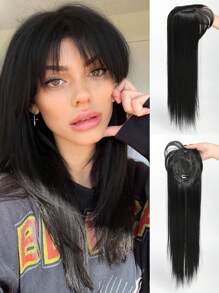 20英吋黑色直髮頭帶頭頂假髮配瀏海,自然替換覆蓋頭髮,女性適用防高溫假髮 - 黑色 - 查看 1