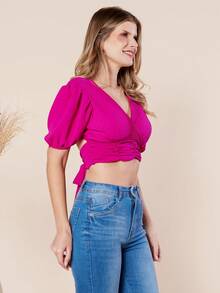 Women's Cropped Blouse / Princess Sleeves / Pleated Blouse / Tie Back / With Built-In Bra - Màu tím  Violet - Xem 5
