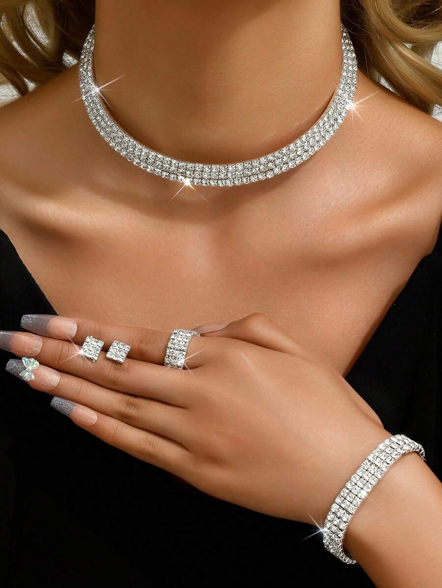 yijiangbeiting 5入組珠寶套裝,含全鑲鑽項圈、耳環、手鐲,適用於婚禮服飾配件 - 銀色 - 查看 1