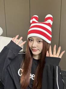 1pc Women's Cute Cat Ear Knitted Hat With Color Block Design, Made Of Polyester - Red and White - View 1