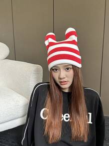 1pc Women's Cute Cat Ear Knitted Hat With Color Block Design, Made Of Polyester - Red and White - View 2