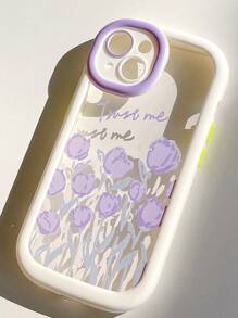 1pc White Macaron Case Compatible With iphone, Violet Flower Pattern Phone Cover - Multicolor - View 5
