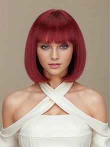 酒紅色鮑伯頭帶瀏海假髮適合日常佩戴、節日和萬聖節服裝 - 酒紅色 - 查看 1
