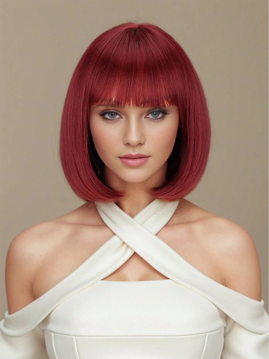 酒紅色鮑伯頭帶瀏海假髮適合日常佩戴、節日和萬聖節服裝 - 酒紅色 - 查看 1