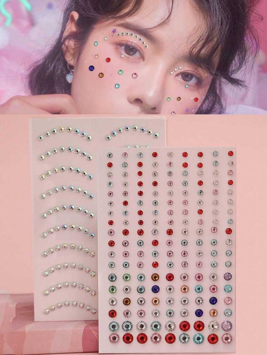 Party Joy 2入組銀色水鑽裝飾3d假睫毛貼紙套裝,適用於diy妝容、派對、假日、表演、角色扮演 - 彩色 - 查看 1