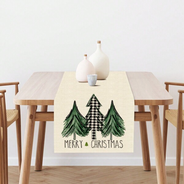 1pc Christmas Themed Plaid Green Table Runner With Printed Christmas Tree & Merry Christmas Text, Linen Tablecloth Decor For Home Dining Table