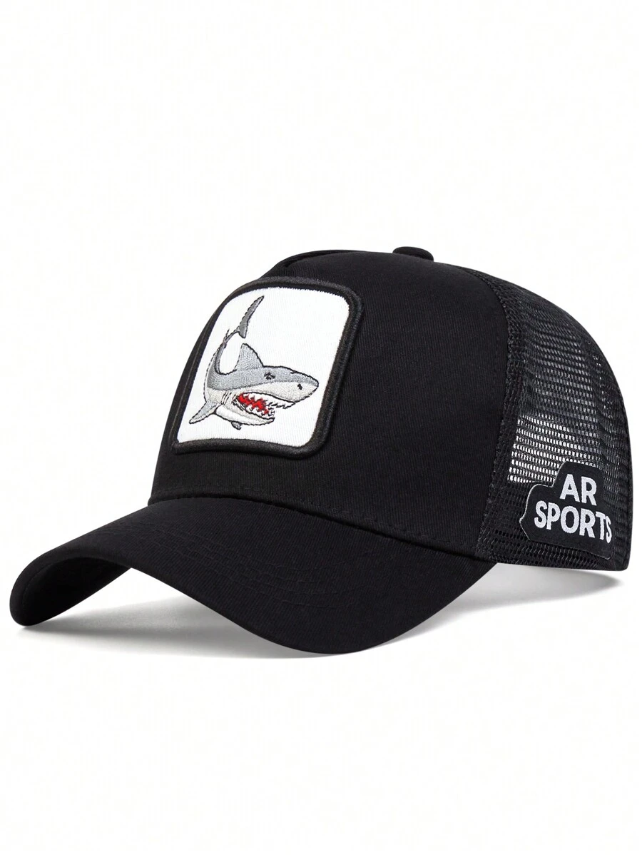 1pc Men's Shark Embroidery Baseball Cap Trucker Hat, Breathable Outdoor Adjustable Sun Hat For Spring/Summer Travel, Beach Party Street