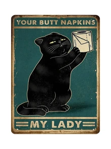 1pc Vintage Tin Sign Black Cat Decor, Metal Cat Bathroom Decor, Cat Poster, Metal Poster, Cat Home Decor, Bathroom Poster, Cat Bathroom Accessories, Vintage Metal Sign, Bar Wall Decor, Size 12*8in, Pre-Drilled Holes, Style As Shown In Size Image - Multicolor - View 1