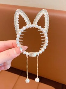 1个女士金色猫耳发夹，配仿珍珠流苏和水钻，可作发髻夹，适合日常佩戴（仿珍珠可能存在一些划痕，这是正常现象，不影响使用）。爪夹、发夹、发卡、学生用品、仿珍珠发饰、派对造型、头部饰品。 - 金色 - 查看 4