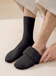 1Pair Men's Thick Thermal Lined Crew Socks, Thermal Long Socks For Sleeping, Floor Wear