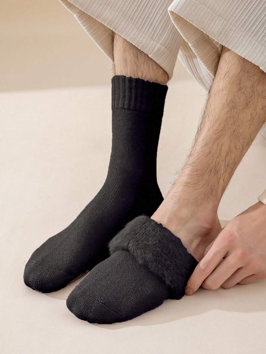 1Pair Men's Thick Thermal Lined Crew Socks, Thermal Long Socks For Sleeping, Floor Wear
