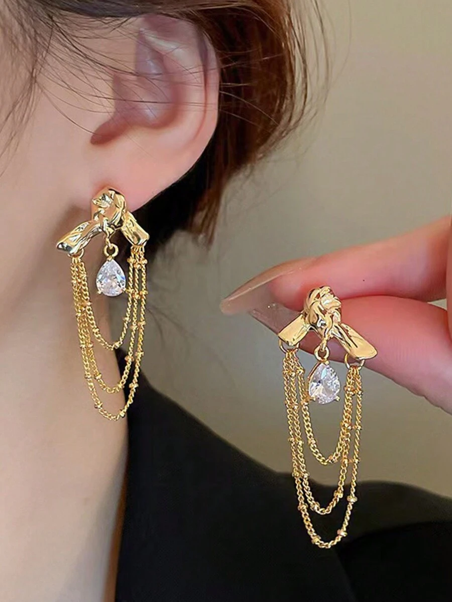 1pair Simple & Exquisite Tassel Drop Earrings With Waterdrop Shape, Fashionable & Luxurious Design - Yellow Gold - View 1