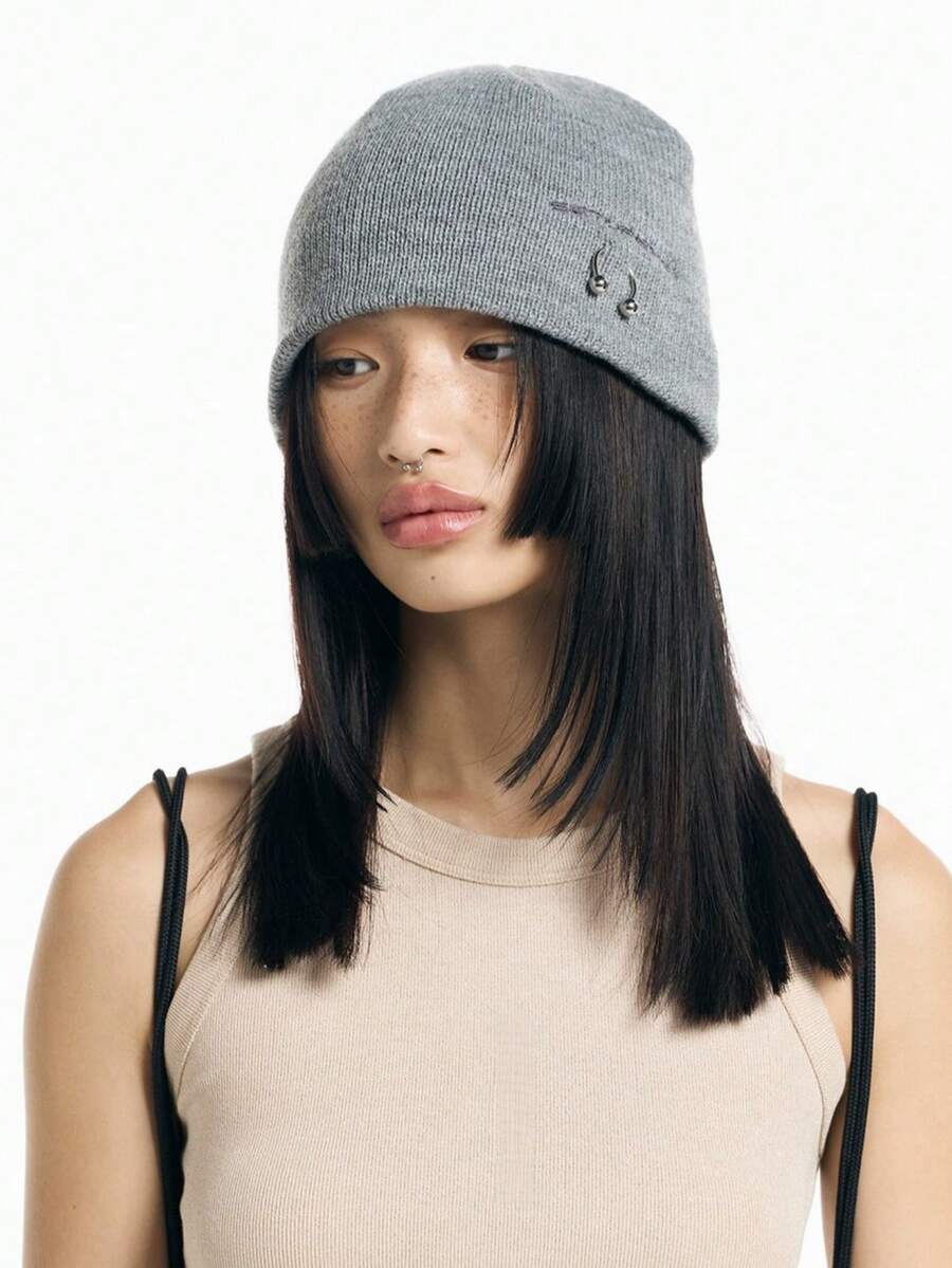 1頂帶圓圈的灰色kpop無邊帽適用於女性男性,y2k無邊帽髮帽,嘻哈軟彈橡筋編織寬鬆帽,圓形針織帽子與冬季帶條紋帽,y2k配件,崩潰哥特風寬鬆帽子,我愛我的男朋友,送男友的街頭禮物