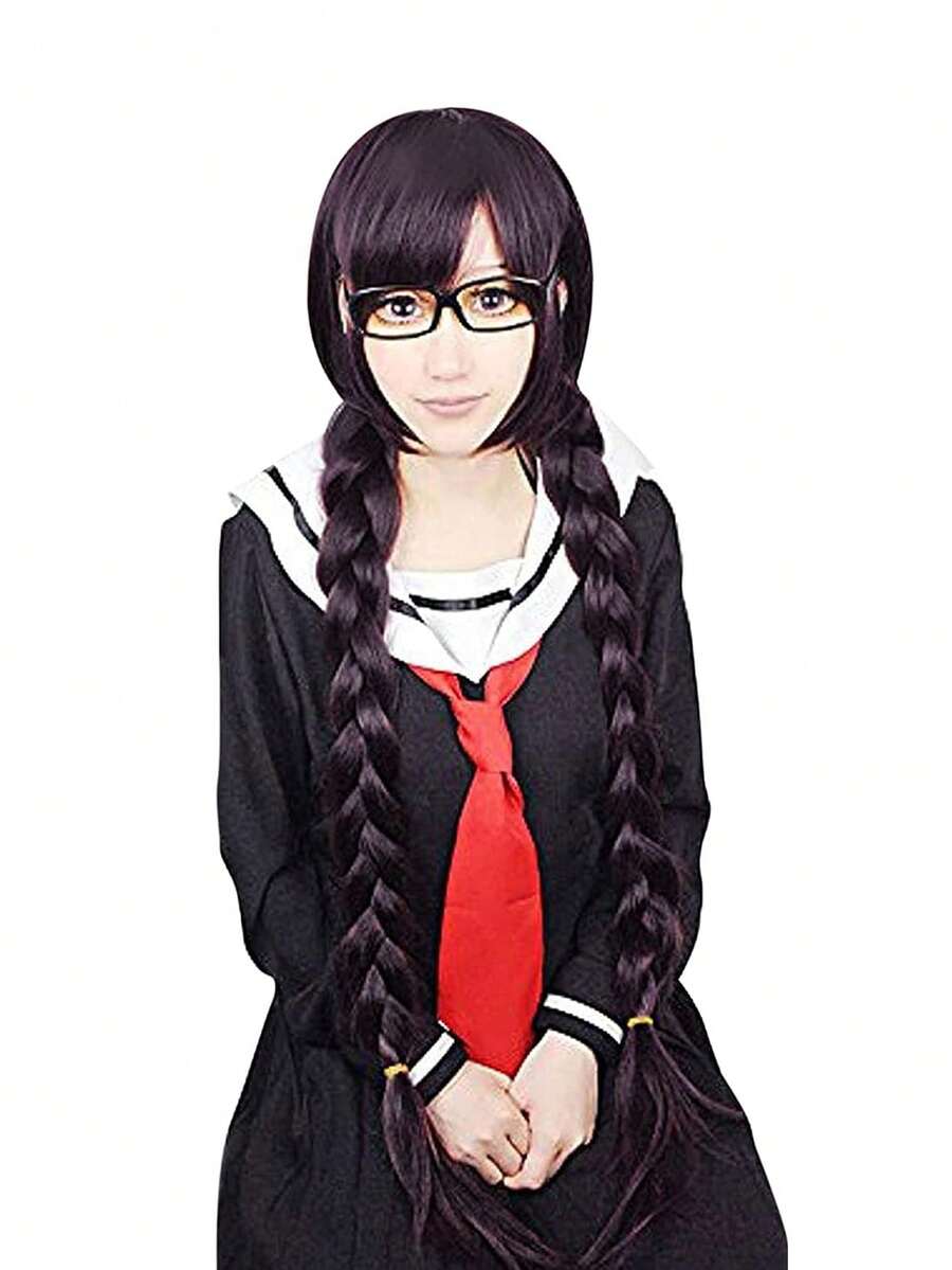 游戏角色扮演假发，带刘海，女士超长直发编织棕色混合紫色角色扮演假发，动漫漫画卡通服装派对假发，合成无胶耐热纤维发质，学校万圣节感恩节圣诞节假发，高密度廉价假发，附赠假发帽和眼镜 - 紫色 - 查看 1