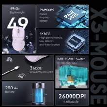 ATTACK SHARK X3超輕無線游戲鼠標，49克人體工學電腦鼠標，具有三種模式，PAW3395 26K DPI感測器，200小時電池壽命，可編程按鈕，PC /筆記本電腦遊戲配件 - 紫色 - 查看 3