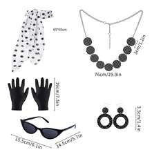 7入組50年代服飾配件,1950年代花樣洋裝貓眼眼鏡波卡圓點方巾系帶髮箍耳環女士們花樣洋裝適合女士女孩女士們兒童1950年代復古派對裝飾 - 黑與白 - 查看 3