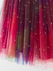 女婴优雅可爱无袖吊带渐变色星月贴花网眼连衣裙，生日派对婴儿服装，优雅，毕业，夏季